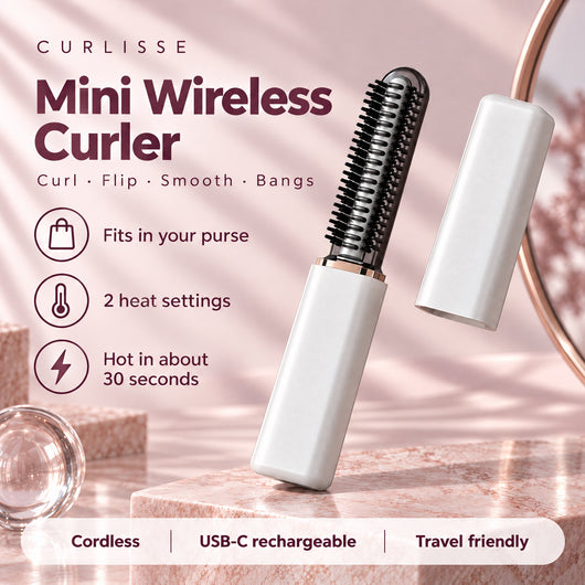 Curlisse mini wireless curler in Pearl White: cordless, 2 heat settings, fits in your purse