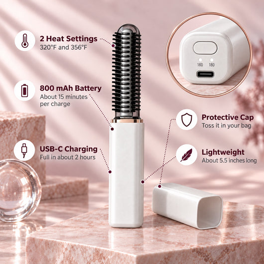Curlisse features: 2 heat settings, 800 mAh battery, USB-C charging, protective cap